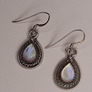 Vtg 925 Sterling Pink MOP Teardrop Dangle Earrings Mother of Pearl bezel TESTED